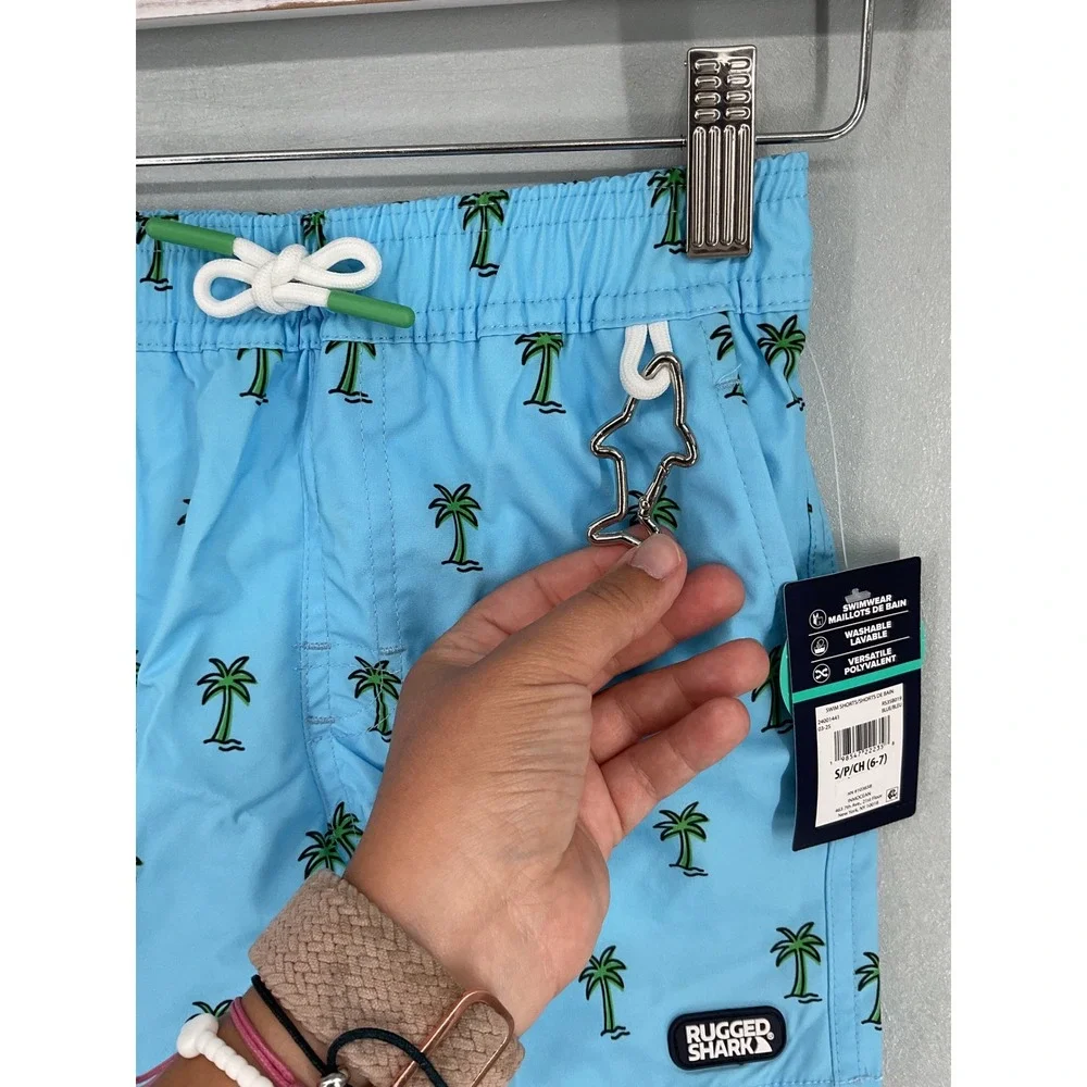 Rugged Shark Boys Swim Shorts Blue Palm Tree UPF 50+ Recycled S 6-7